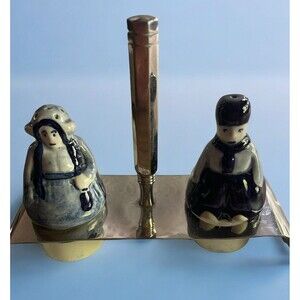 Delfts Blauw Salt And Pepper Shakers In Chrome Holder Dutch Boy And Girl Vintage